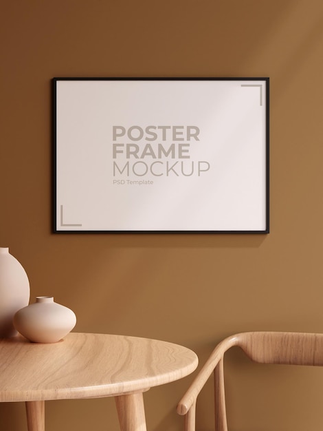 Minimalistische landschap zwarte poster of fotolijst in moderne woonkamer muur interieur met vaas en schaduw 3d-rendering