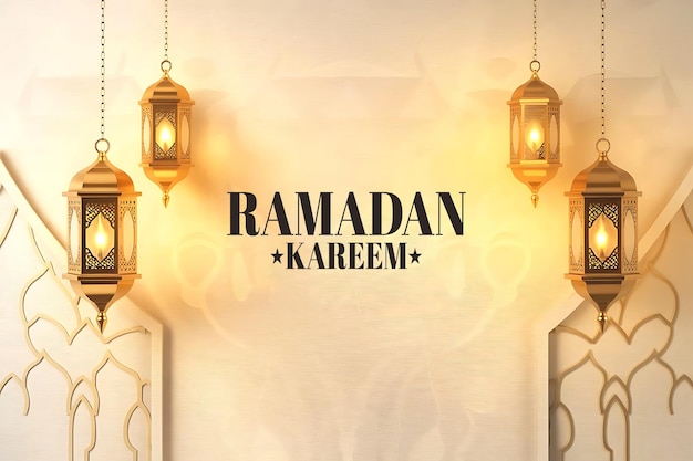 Minimalistische Ramadan-thema achtergrond met gouden lantaarns die symmetrisch hangen