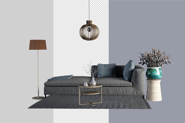 Minimalistische set decormeubels in de woonkamer