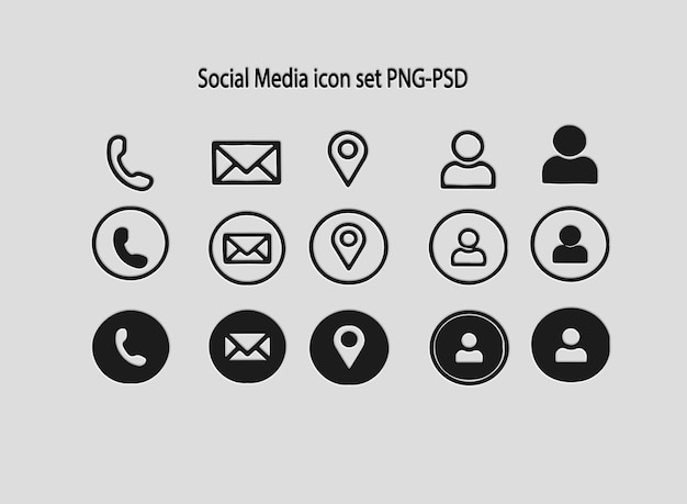 Minimalistische social media-iconen, inclusief contact-e-maillocatie en gebruikersprofielsymbolen