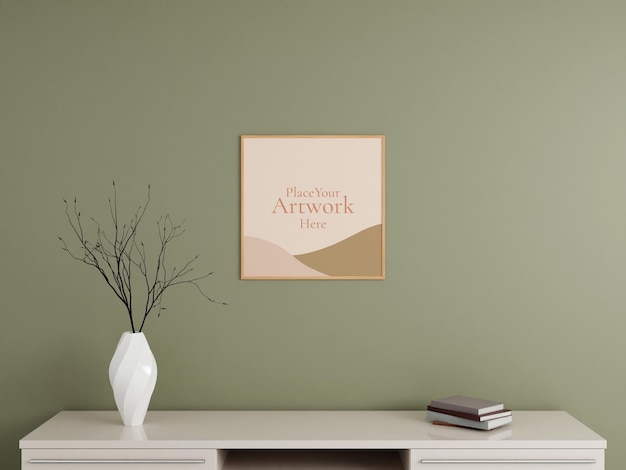 Minimalistische vierkante houten poster of fotolijst mockup aan de muur met boek en decoratie