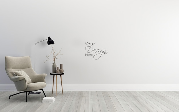 Minimalistyczne wnętrze salonu z designerskim fotelem na białej ścianie