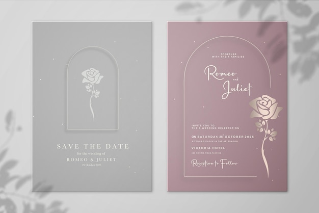 Minimalistyczne zaproszenie na ślub i zapisz datę ze złotą różą