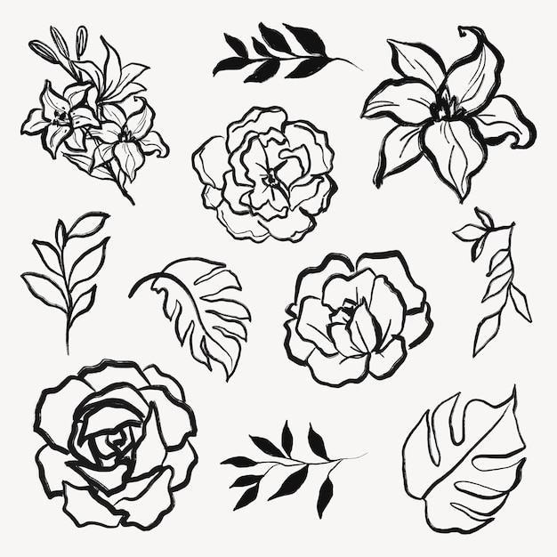 Minimalne naklejki botaniczne kwiaty i liście czarna linia sztuki prosty projekt graficzny zestaw dla kart ślubnych psd