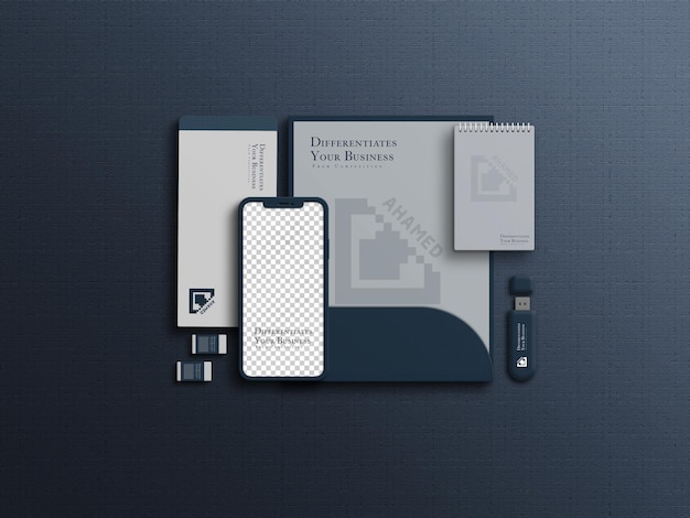 Minimalny i czysty branding z widokiem z góry na makiety papeterii