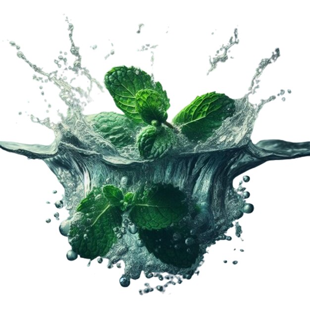 Mint leaves splash with water