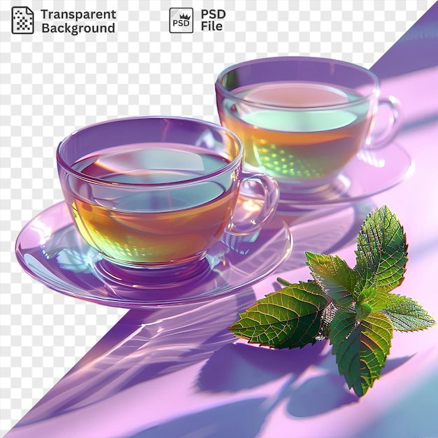 PSD mint tea food served on a glass plate with a green leaf placed on a purple table with a glass handle visible in the background
