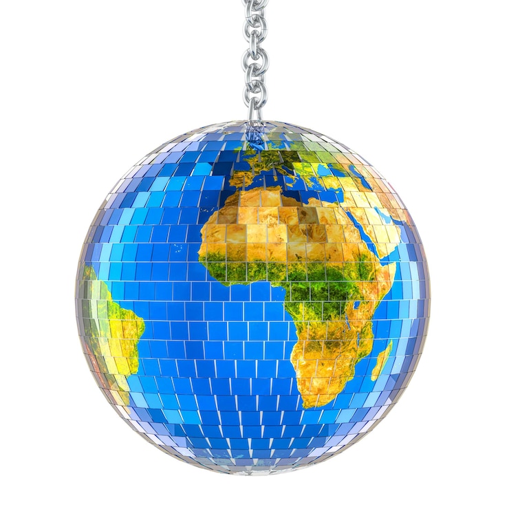 PSD mirror disco ball with earth map texture on the chain 3d rendering