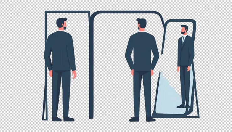 PSD mirror looking icon man look at the mirror vector illustration person standing in front of reflection sign mirror image concept png