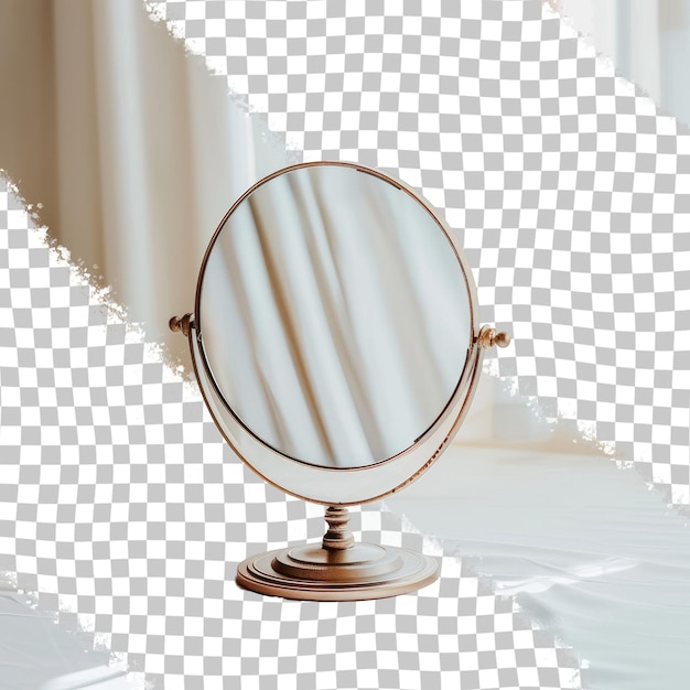 PSD a mirror with a gold frame and a white background with a reflection of the word  e  on it