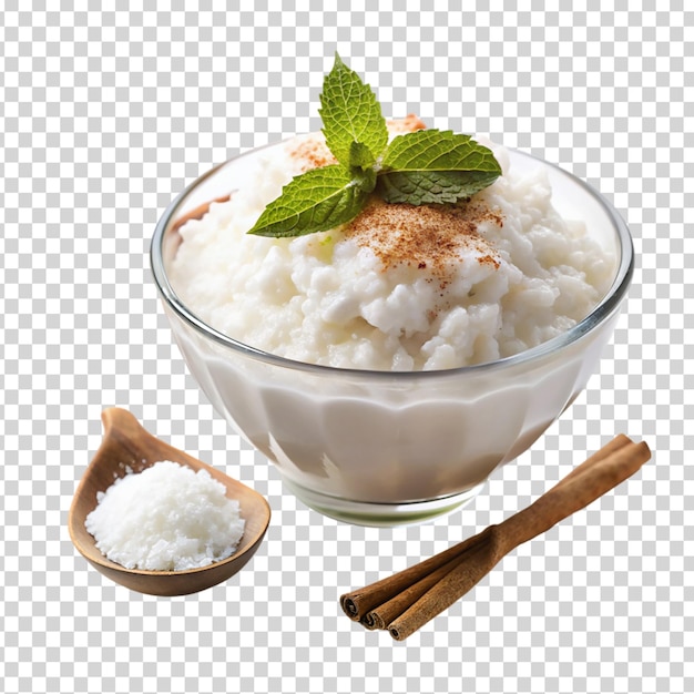 PSD miska białego ryżu z zielonym liściem na przezroczystym tle