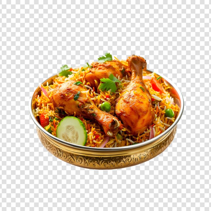 PSD miska biryani z kawałkami kurczaka na przezroczystym tle