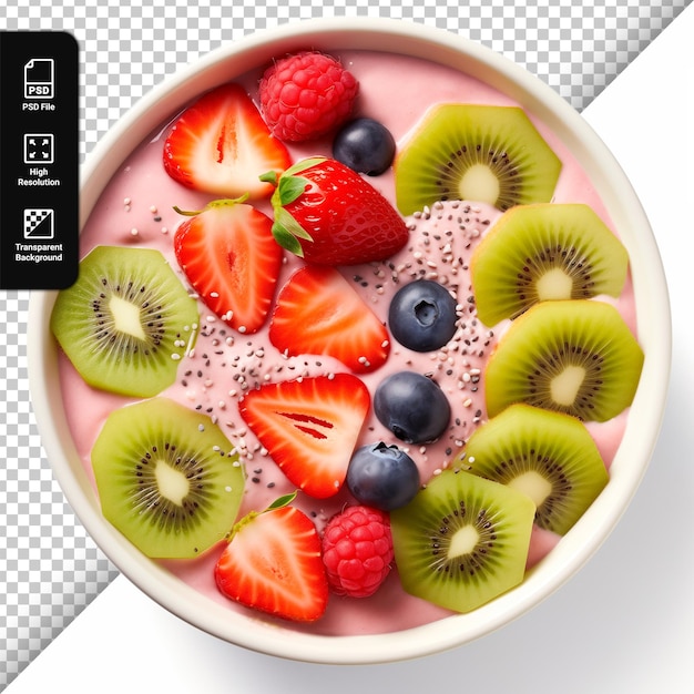 PSD miska jogurtu z świeżymi naciętymi owocami izolowanymi na przezroczystym tle