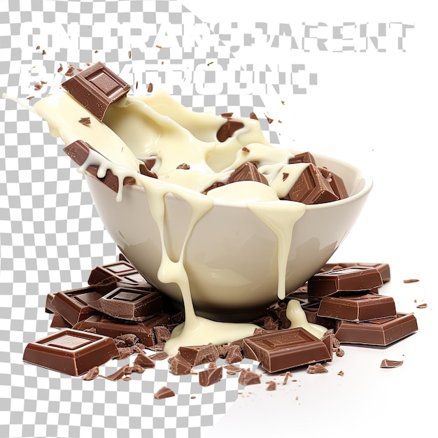 PSD miska stopionej przezroczystej czekolady i połamane kawałki czekolady izolowane na przezroczystej tle