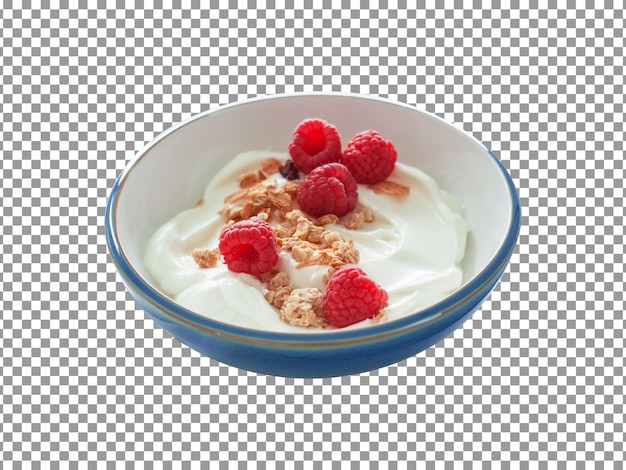 Miska świeżego jogurtu z malinami i muesli na przezroczystym tle