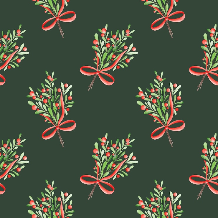 PSD mistletoe pattern on a green red berries seamless print watercolor texture holiday season bows