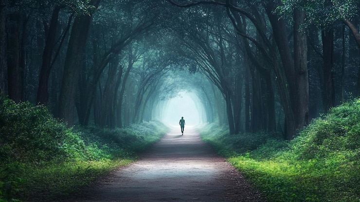 PSD misty forest path with solitary figure walking towards a light