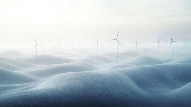 PSD misty snowy landscape with wind turbines generating clean energy