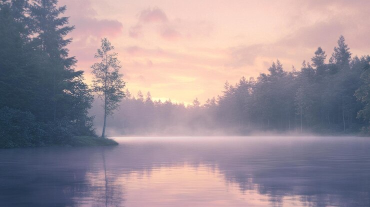 PSD a misty sunrise over a still lake in the forest the morning mist creates a serene and ethereal atmosphere