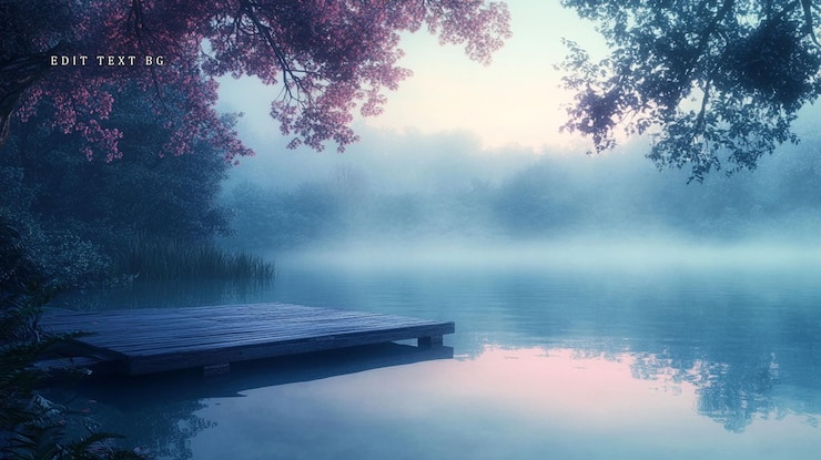 PSD misty sunrise over tranquil lake with wooden dock pink flowering trees