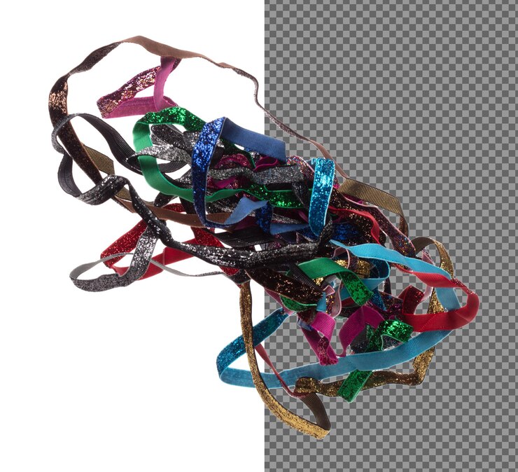 PSD mix colorful glitter ribbon long straight fly in air with curve roll shiny mix glitter ribbon for present gift birthday party to wrap around decorate curve long straight white background isolated