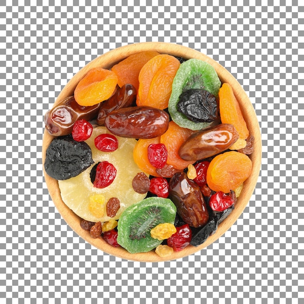 mix dried fruits in a wooden bowl isolated on transparent background