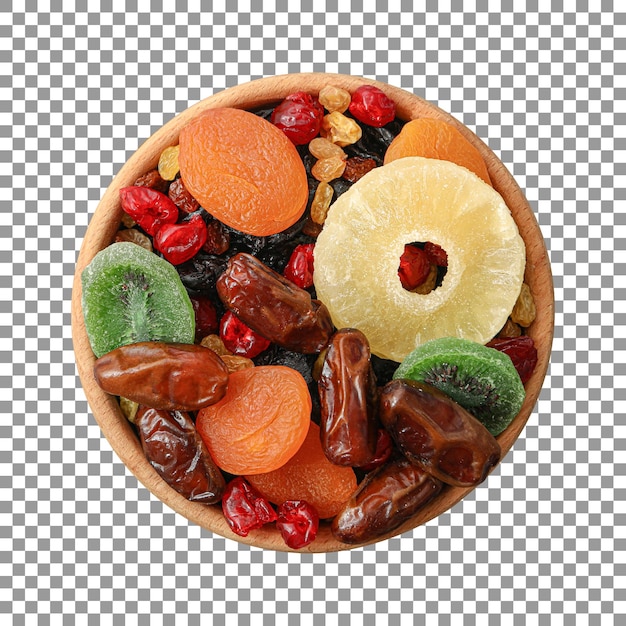 mix dried fruits in a wooden bowl with transparent background