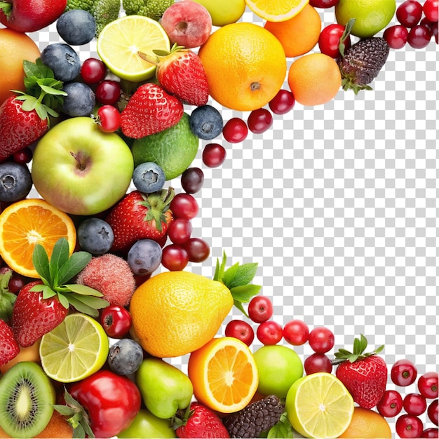 Mescolare i frutti sul bordo di una ciotola bianca isolata su uno sfondo trasparente