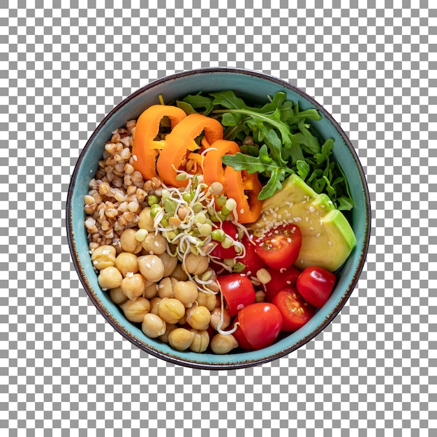 Mix salad with avocado chickpeas and granola on transparent background