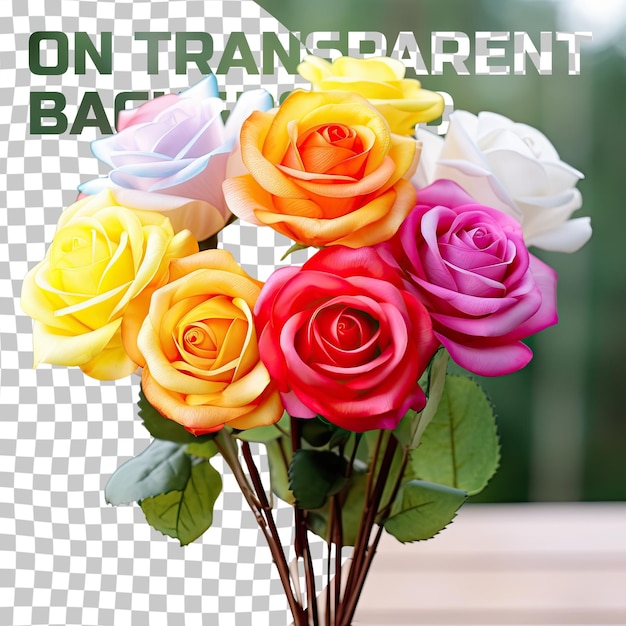 PSD mixed color young rose bouquet red yellow pink fire rose orange transparent isolated on transparent background