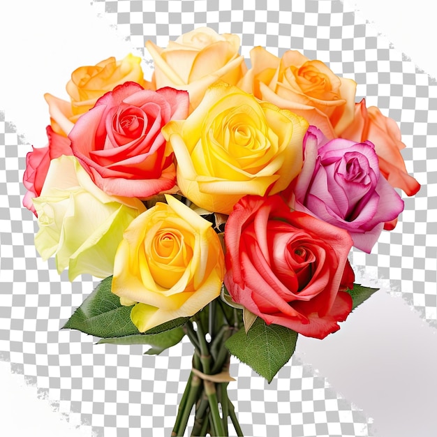 PSD bouquet di giovani rose di colore misto rosso giallo rosa fuoco rosa arancione trasparente isolato su sfondo trasparente