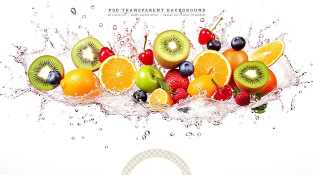 PSD mixed fruit falling splash on white background