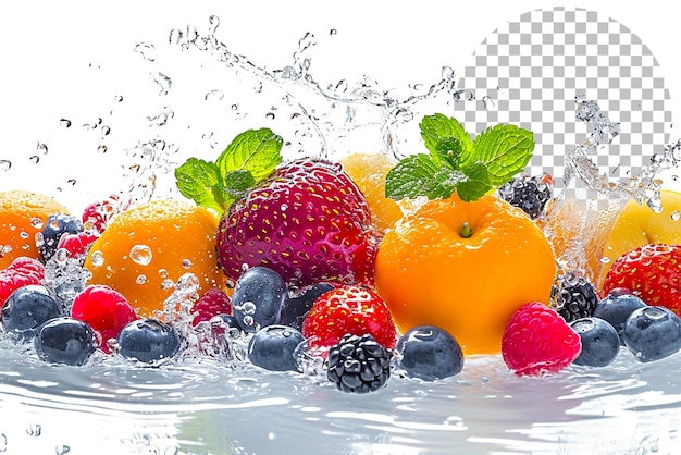 PSD frutta mista che galleggia nello spazio gocce d'acqua chiare su uno sfondo trasparente