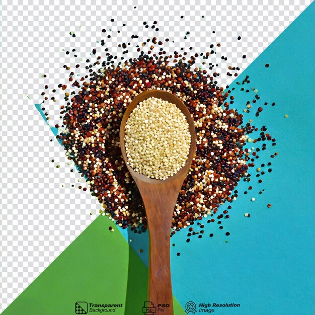 PSD mixed quinoa seeds in a wooden spoon isolated on transparent background