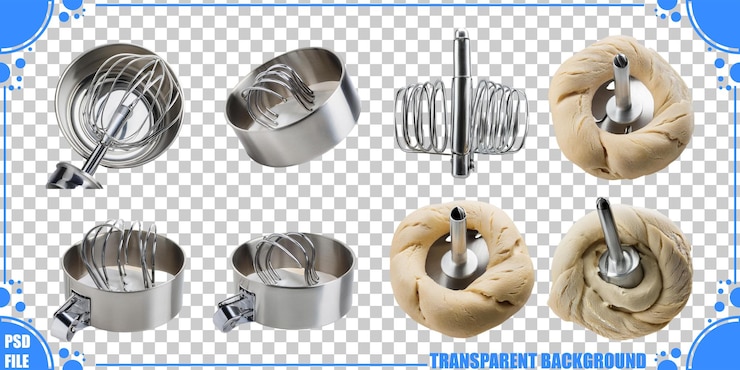 PSD mixing tools and dough elements on clear background
