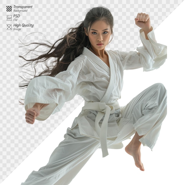 PSD młoda artystka sztuk walki wykonująca karate na przezroczystym tle