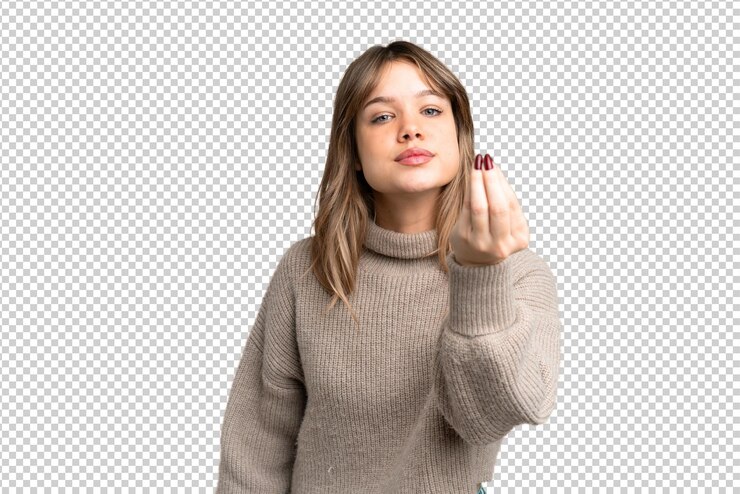 PSD młoda dziewczyna na izolowanym tle chroma key robiąca włoski gest