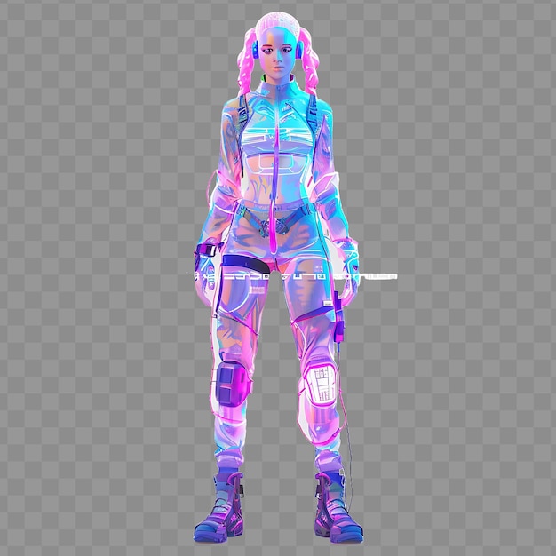 PSD młoda kobieta cyberpunk hacker z elegancką formą neonowe włosy wysoki projekt postaci koncepcja aktywów gry