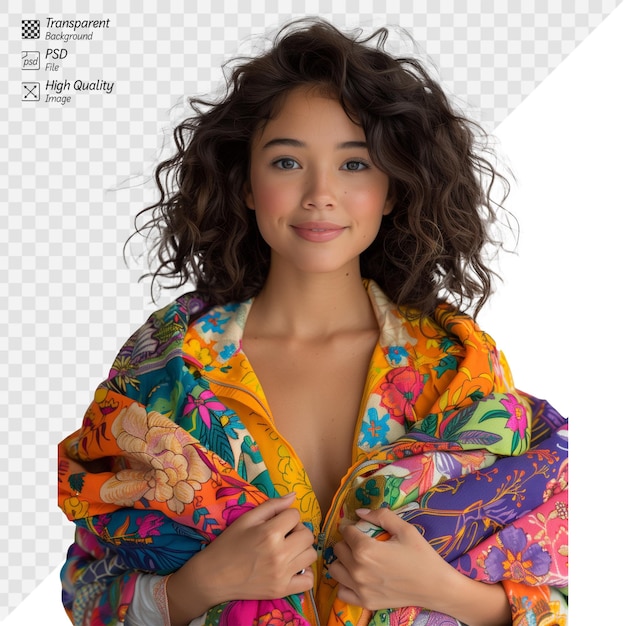 PSD młoda kobieta w kwiatowym kimono uśmiecha się do kamery