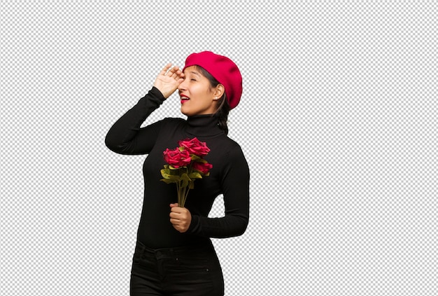 PSD młoda kobieta w valentines dniu robi gestowi spyglass