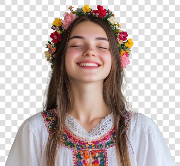 Młoda kobieta z żywym tradycyjnym wyrazem twarzy