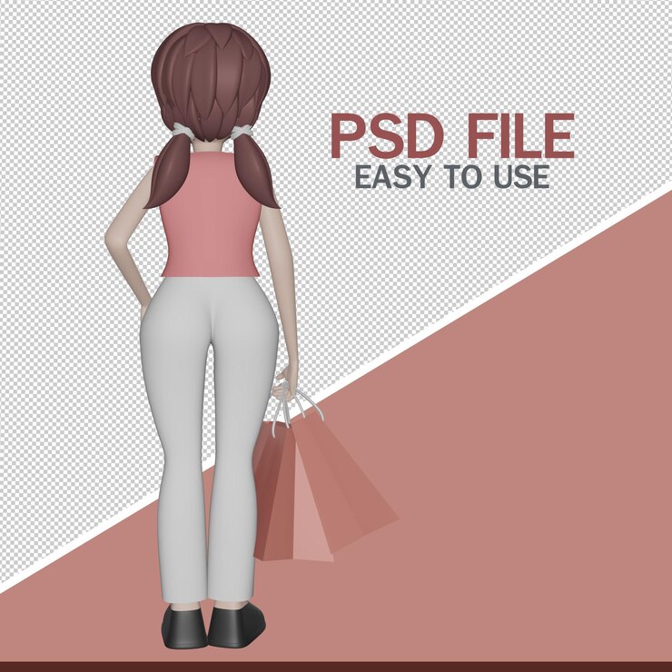 PSD młoda postać z renderowaniem 3d torby na zakupy
