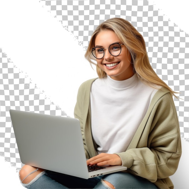 Młoda uśmiechnięta kaukaska studentka freelancerka używająca laptopa do zdalnej pracy e-learning na uniwersytecie