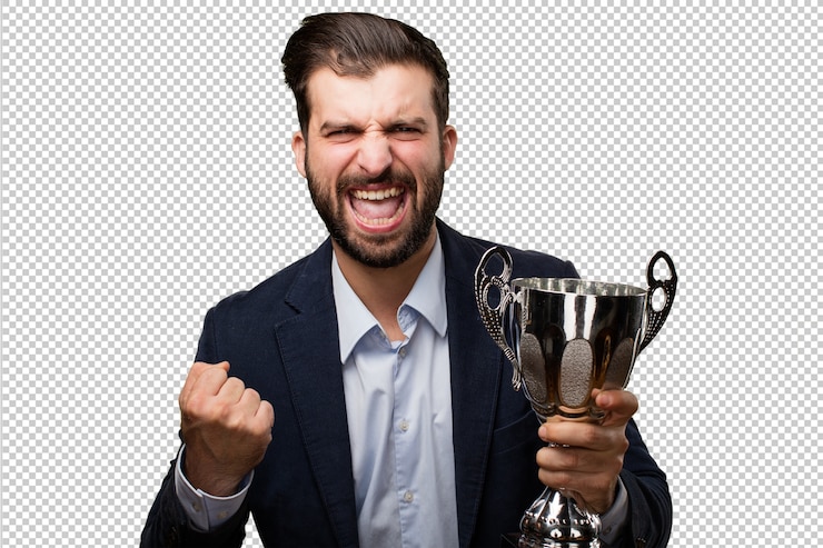 PSD młody biznesmen z trofeum
