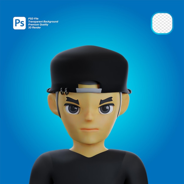 PSD młody człowiek noszący kapelusz do tyłu 3d avatar