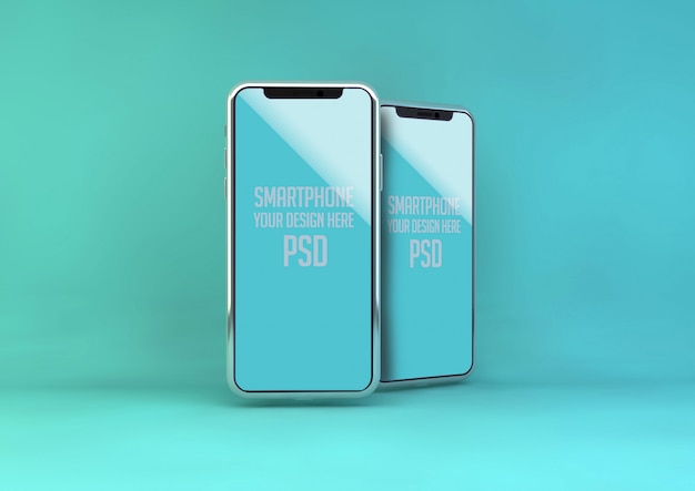 Mobiele telefoon mock up op blauwe pastel muur