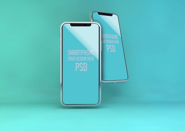 Mobiele telefoon mock up op blauwe pastel muur