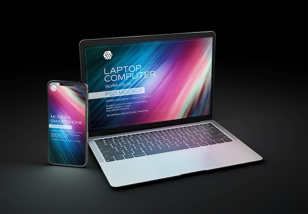 Mobiele telefoons en laptops op donkere Mockup