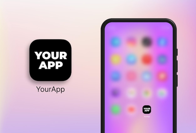 PSD mockup di app mobile con icone delle app sfocate e smartfon