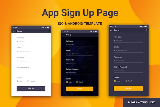 PSD pagina di registrazione dell'app mobile